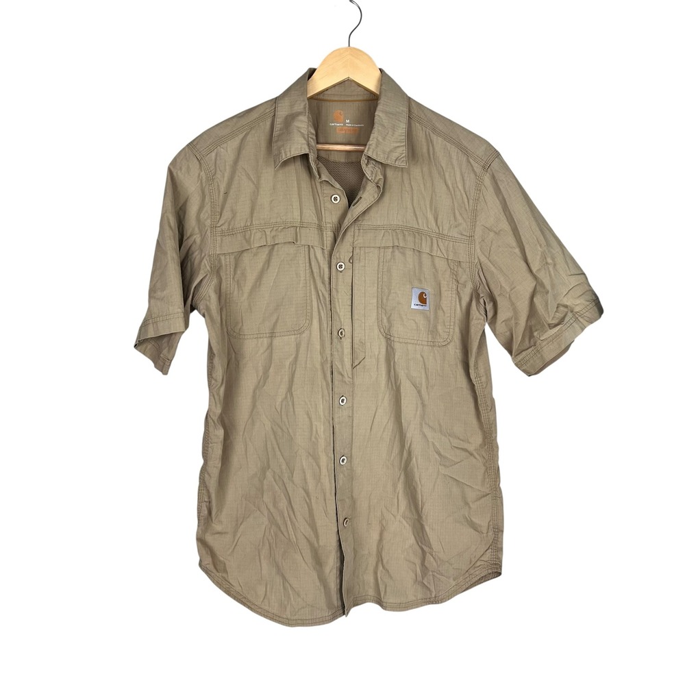 Carhartt Force Mens Tan Khaki Ripstop Short Sleeve Button Up Work Shirt Medium